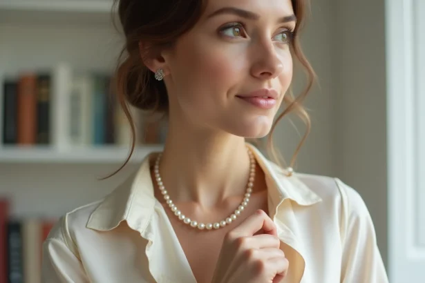 Femme portant un collier choker en perles blanches sur une blouse en soie ivoire, ambiance minimaliste élégante