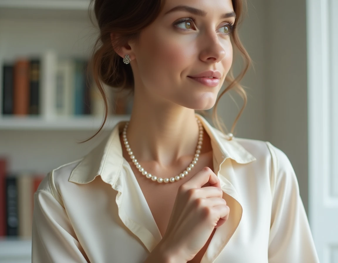 Femme portant un collier choker en perles blanches sur une blouse en soie ivoire, ambiance minimaliste élégante