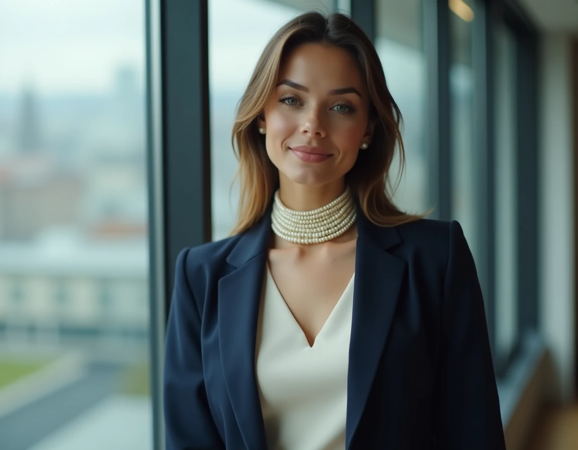 Collier choker en perles porté avec un blazer marine, femme en tenue professionnelle chic dans un intérieur moderne
