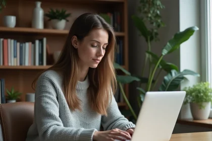 Femme qui commande une robe en ligne depuis son bureau à la maison pour un événement