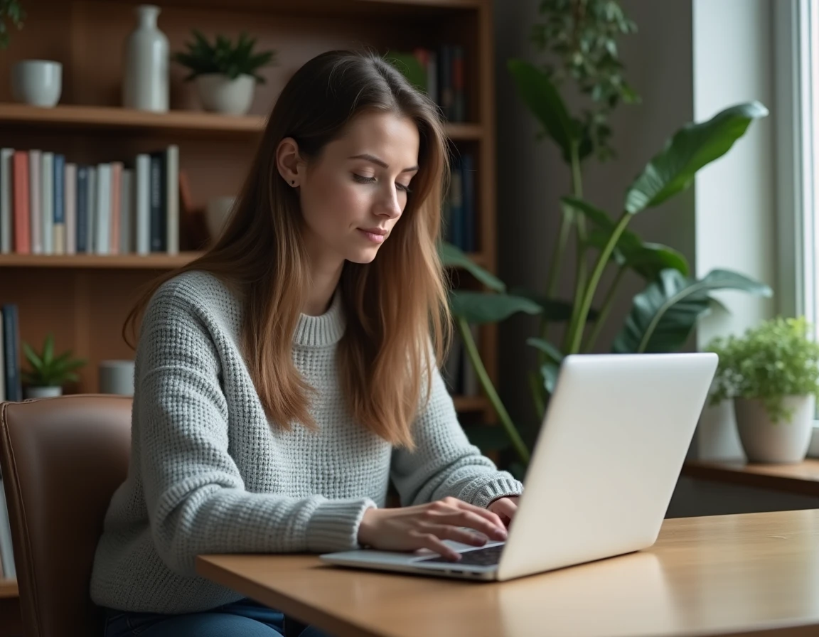 Femme qui commande une robe en ligne depuis son bureau à la maison pour un événement