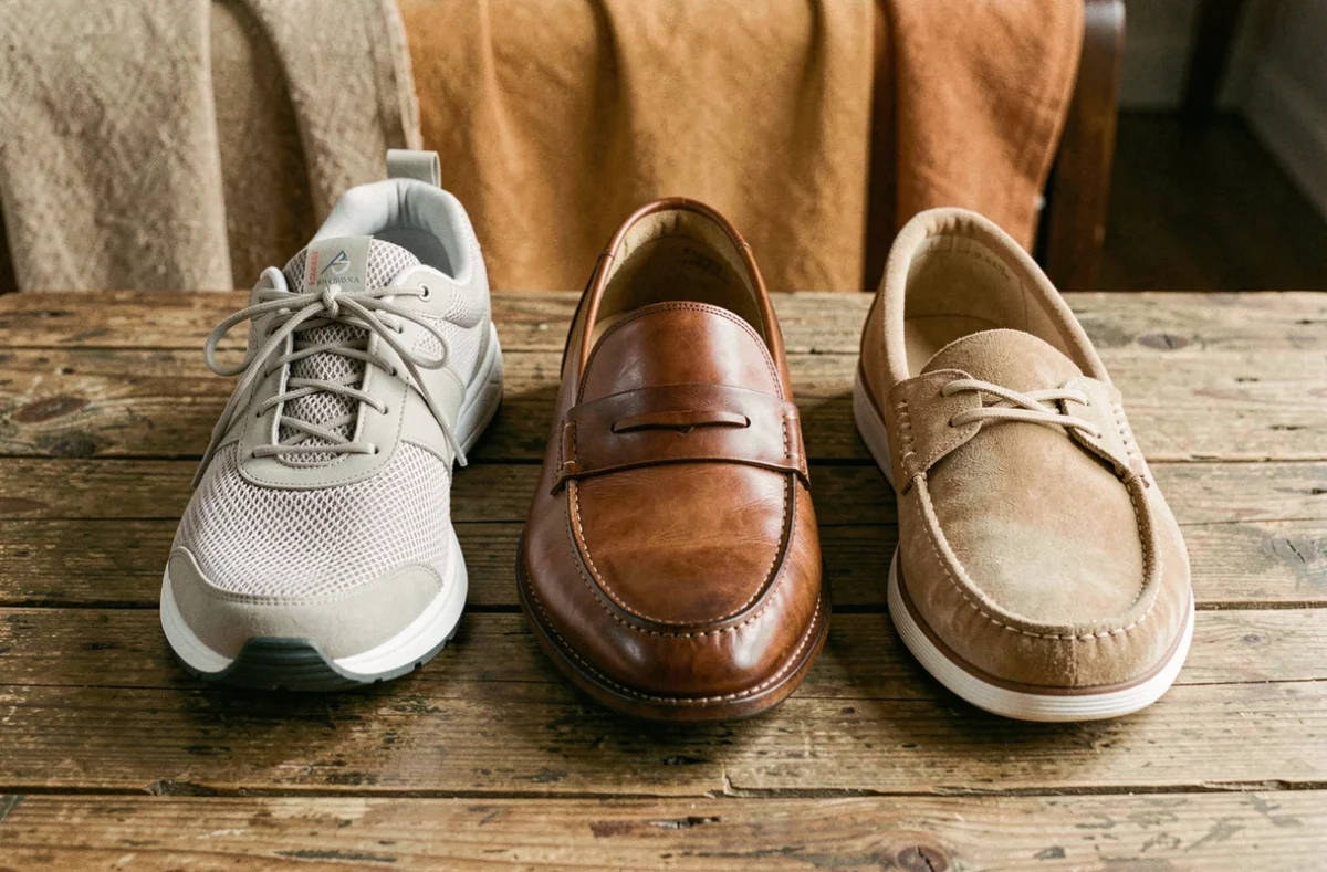 Comparaison de trois types de chaussures confortables pour la marche, le bureau et les loisirs posées sur une surface en bois