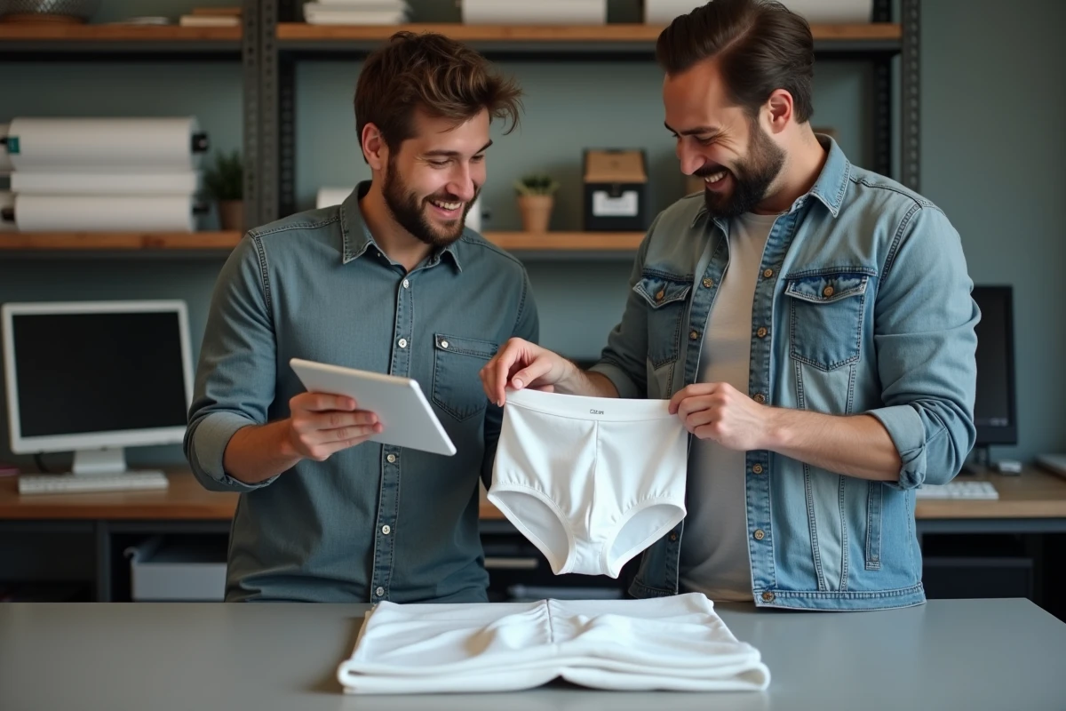 Deux hommes comparant une maquette numérique et un échantillon physique de boxer personnalisé dans un atelier d'impression