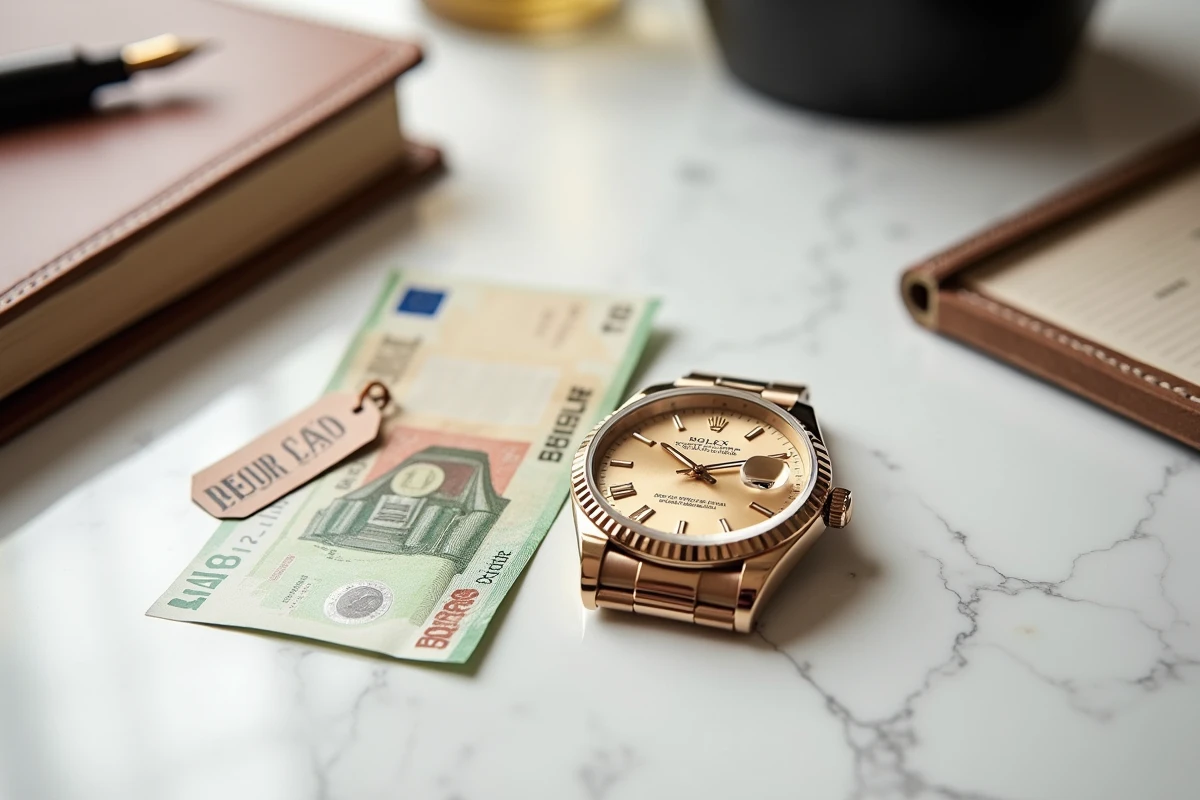 Rolex Datejust posée sur un marbre blanc à côté de billets en euros et d'un document de voyage comparant les prix à l'étranger