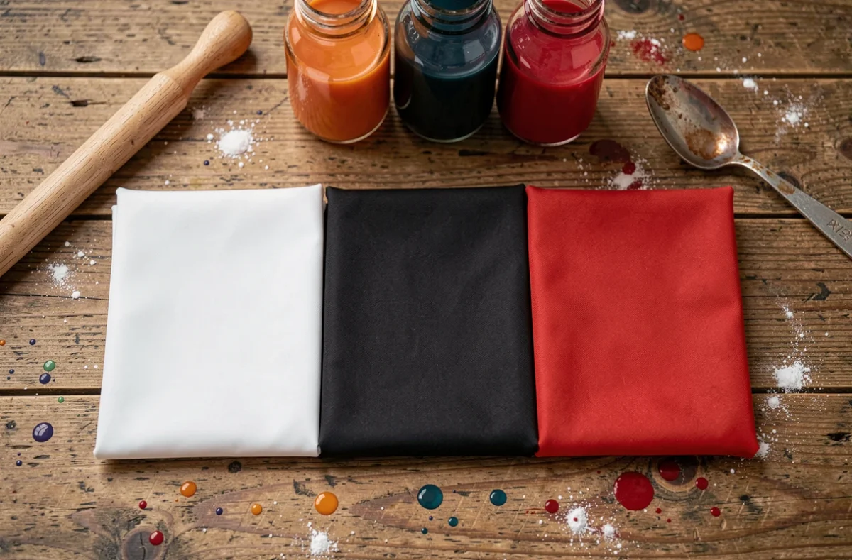 Vue aérienne de trois échantillons de tissu polyester teints en blanc, noir et rouge avec leurs flacons de teinture correspondants sur une table en chêne