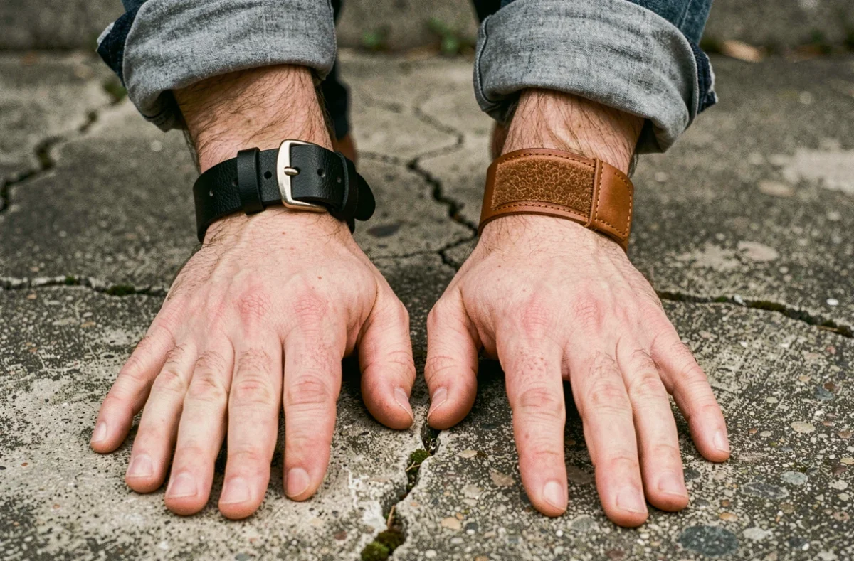 Gros plan comparatif de deux bracelets de force en cuir homme côte à côte sur béton brut, modèles noir et cognac avec différentes fermetures