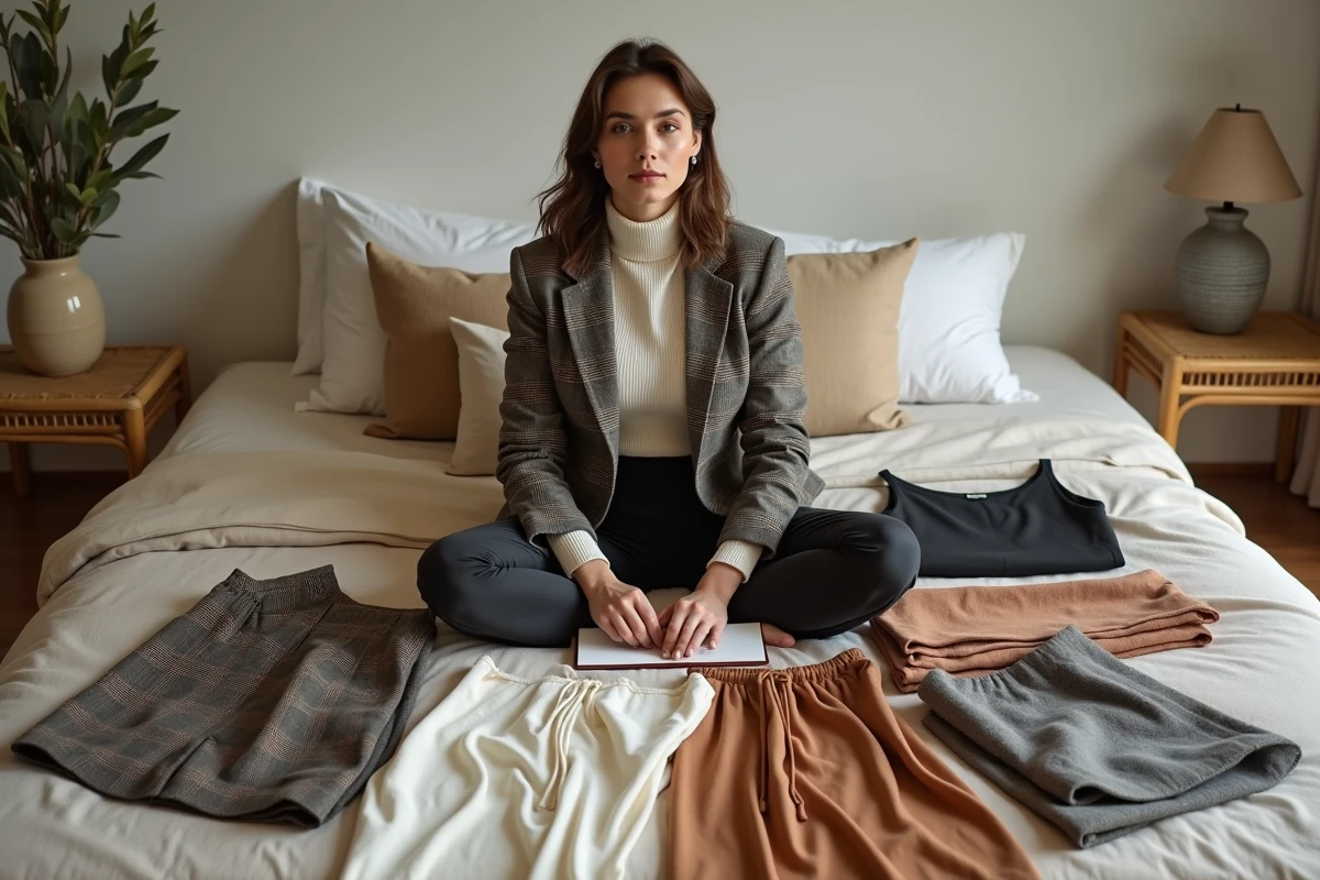 Femme composant une garde-robe capsule vintage sur un lit avec des vêtements soigneusement sélectionnés