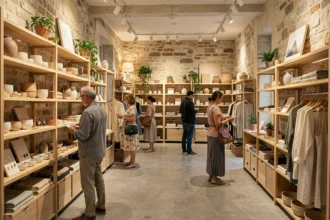 Intérieur d'un concept store breton avec des étagères en bois, de la céramique artisanale, des vêtements en lin et des bijoux exposés dans une atmosphère chaleureuse aux murs en pierre