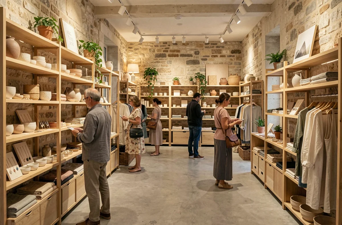 Intérieur d'un concept store breton avec des étagères en bois, de la céramique artisanale, des vêtements en lin et des bijoux exposés dans une atmosphère chaleureuse aux murs en pierre