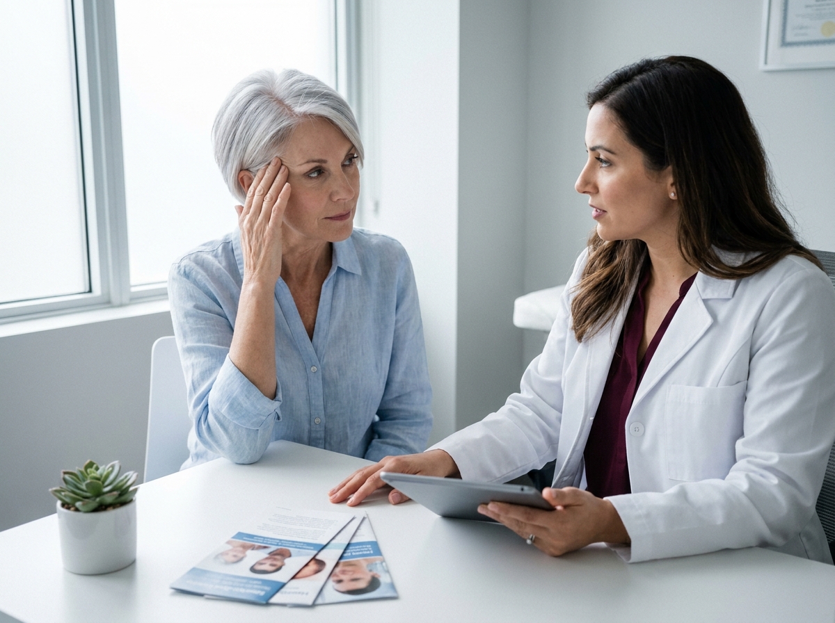 Femme aux cheveux gris en consultation dermatologique pour diagnostiquer une perte de cheveux, discutant avec une médecin spécialiste