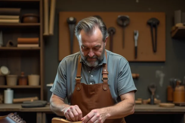 Cordonnier artisan concentré en train de recoudre la semelle d'un soulier Oxford dans son atelier traditionnel rempli d'outils en cuir