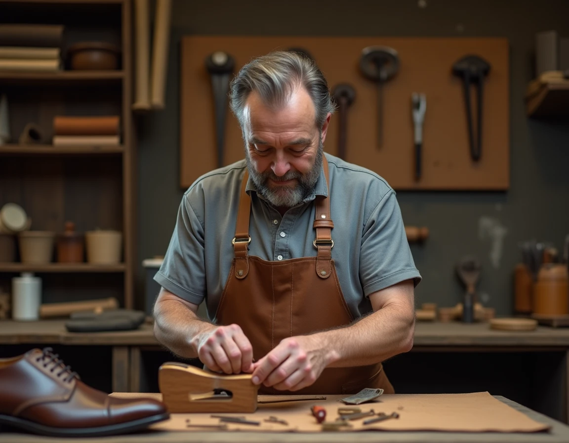 Cordonnier artisan concentré en train de recoudre la semelle d'un soulier Oxford dans son atelier traditionnel rempli d'outils en cuir