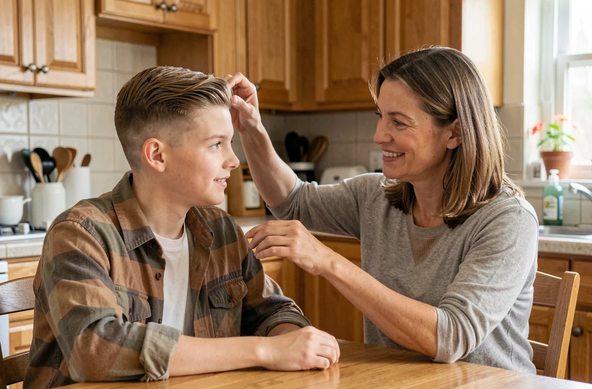 Adolescent avec une coupe courte classique approuvée par sa mère dans une cuisine familiale, moment authentique et tendance coiffure