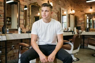 Adolescent avec une coupe courte fade moderne assis dans un salon de coiffure contemporain, look décontracté et soigné