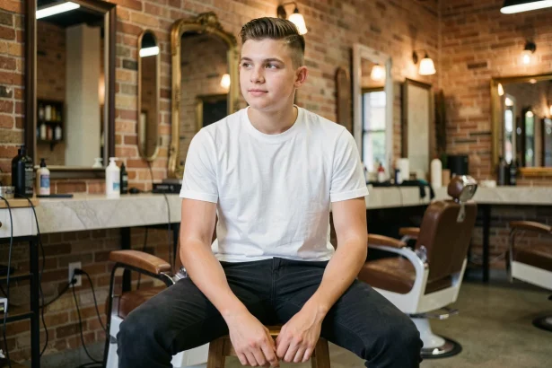 Adolescent avec une coupe courte fade moderne assis dans un salon de coiffure contemporain, look décontracté et soigné