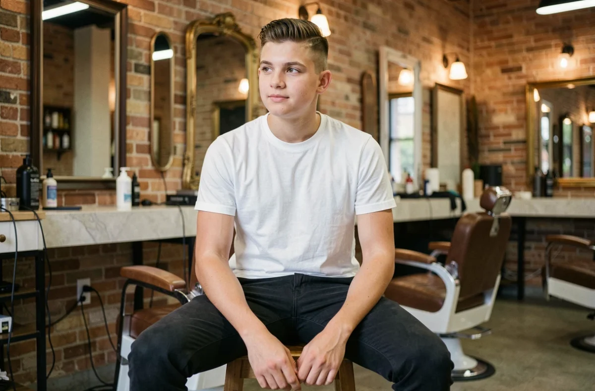 Adolescent avec une coupe courte fade moderne assis dans un salon de coiffure contemporain, look décontracté et soigné