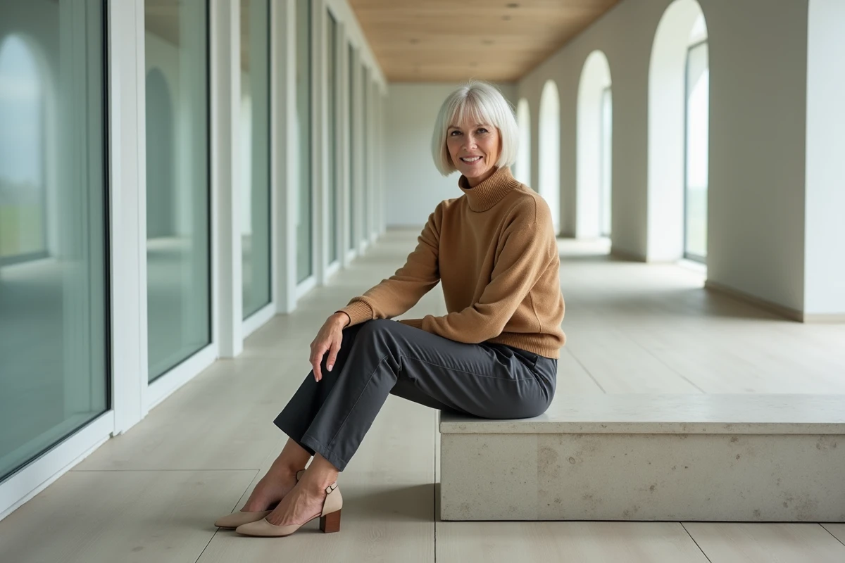 Femme élégante de plus de 60 ans avec un bob court et des reflets blancs naturels, assise dans un intérieur scandinave épuré