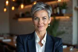 Femme de plus de 50 ans avec une coupe courte pixie cut gris argenté dans un café moderne, style élégant et contemporain