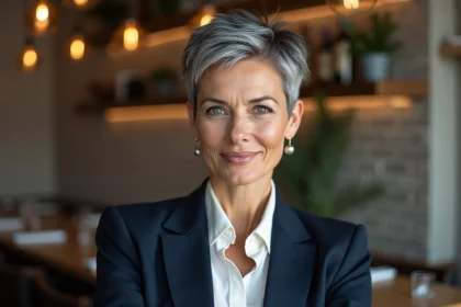 Femme de plus de 50 ans avec une coupe courte pixie cut gris argenté dans un café moderne, style élégant et contemporain