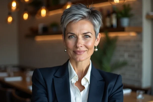 Femme de plus de 50 ans avec une coupe courte pixie cut gris argenté dans un café moderne, style élégant et contemporain