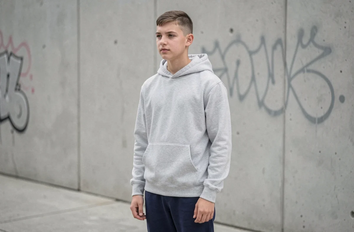 Jeune adolescent avec une coupe courte tendance devant un mur urbain en béton, tenue streetwear moderne validée par les parents