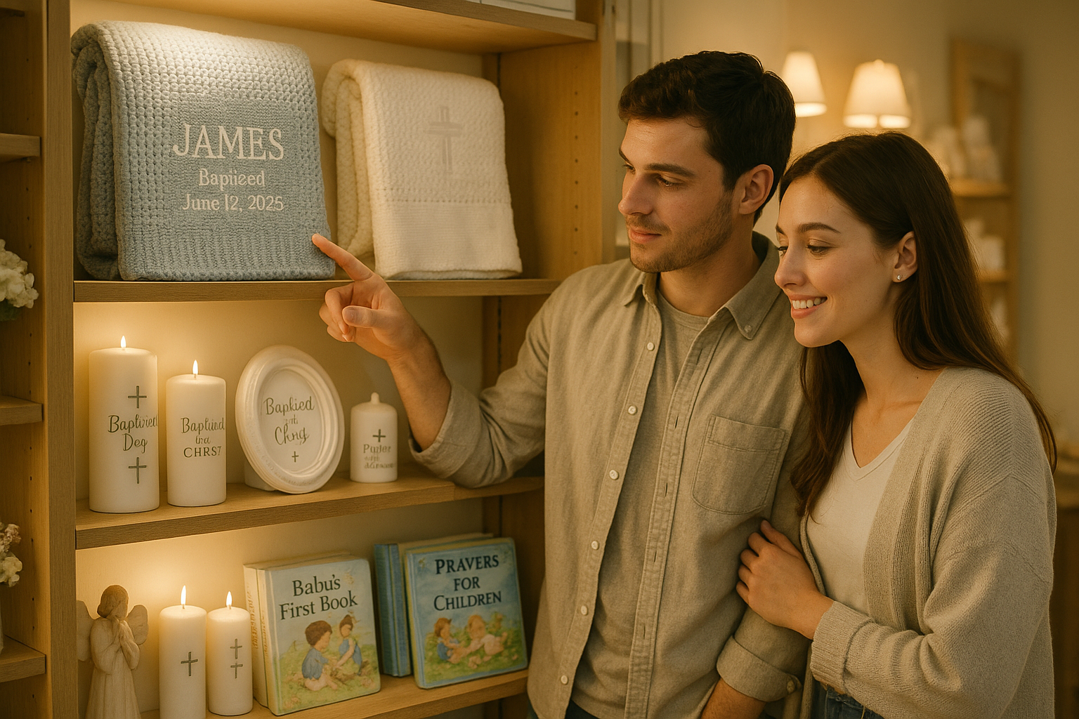 Jeune couple choisissant des cadeaux de bapteme en magasin