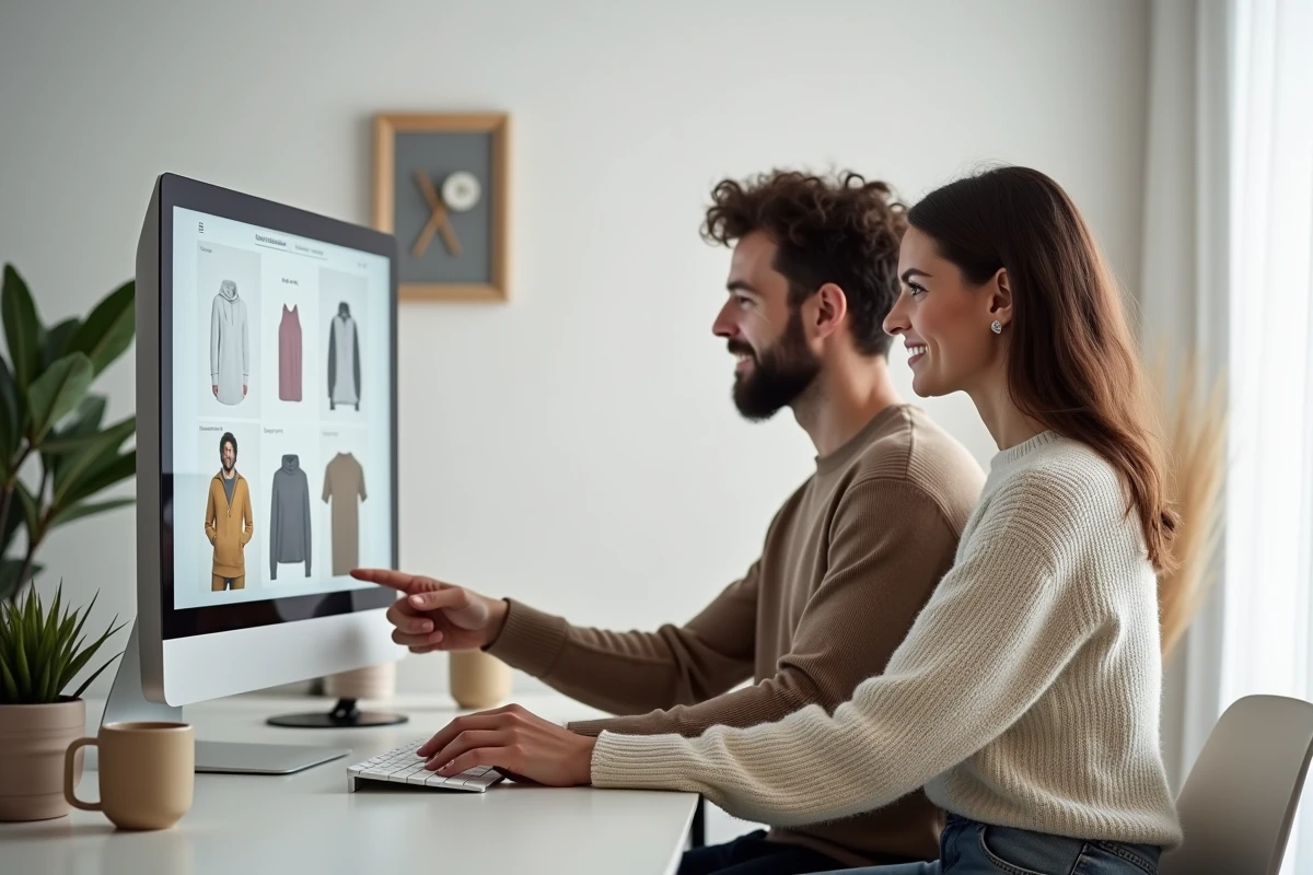 Couple configurant un cadeau personnalisé en ligne sur ordinateur à la maison, personnalisation de cadeaux Vie en Mode 2026
