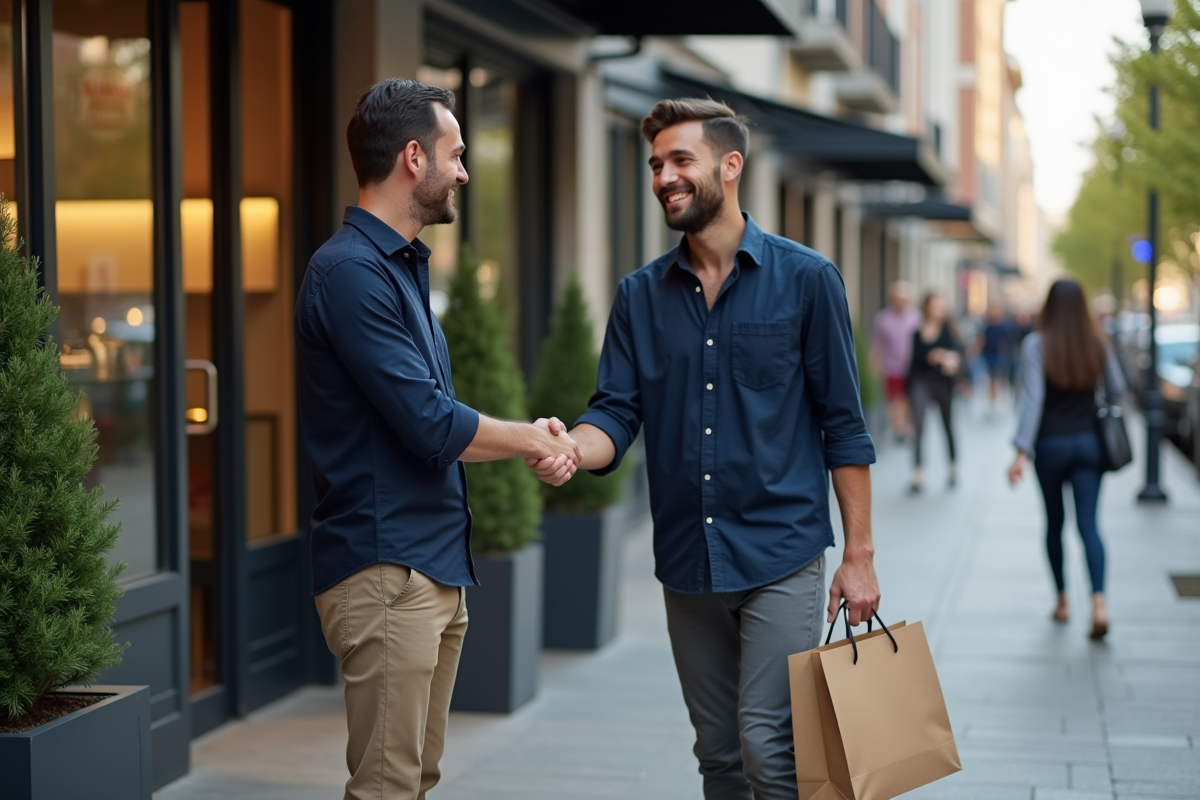 Créateur de contenu souriant en ville avec sac écologique et représentant de marque