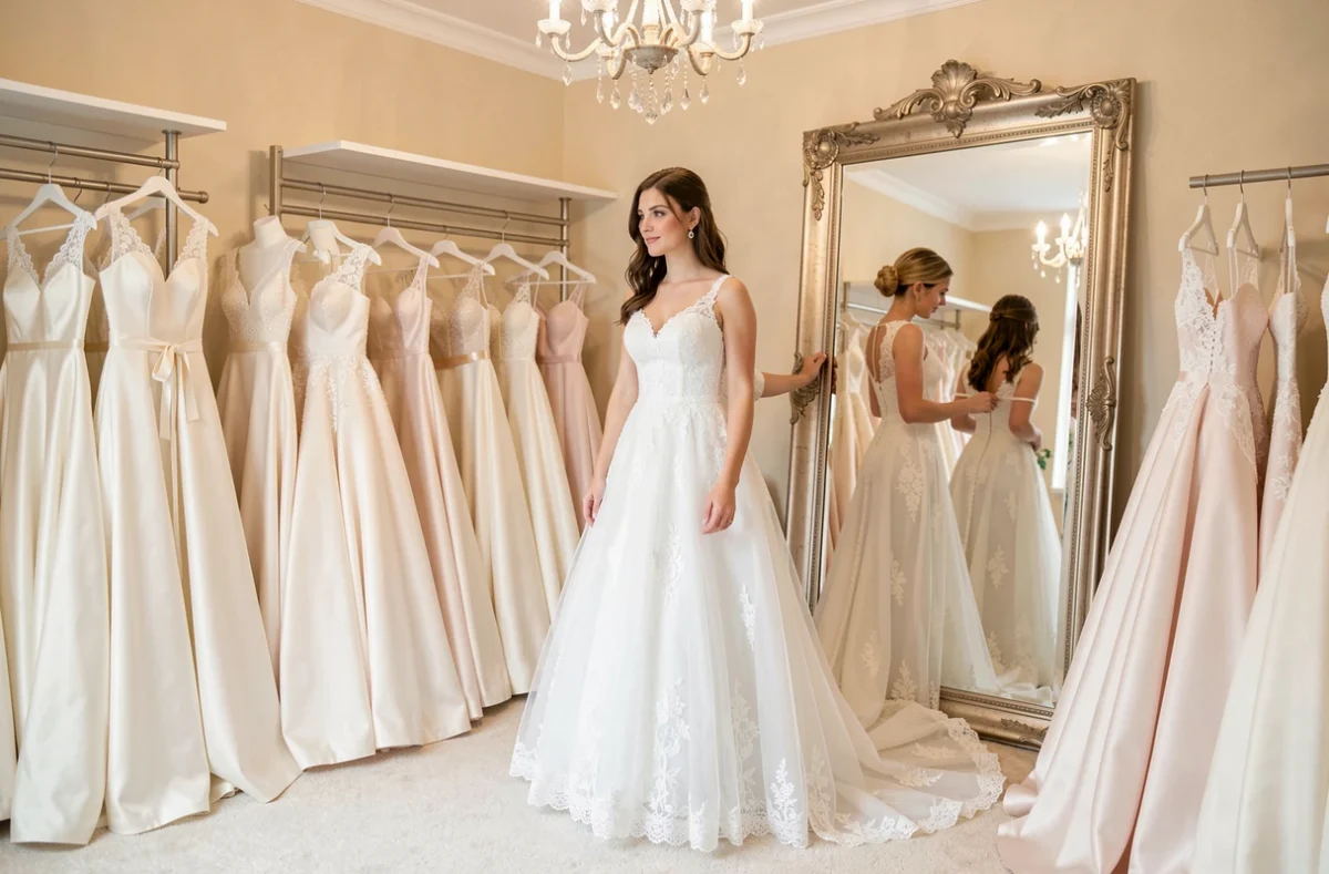 Jeune femme essayant une robe de mariée en dentelle dans une boutique Cymbeline dans le Nord