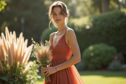 Demoiselle d'honneur en robe longue terra cotta en mousseline dans un jardin fleuri pour un mariage élégant