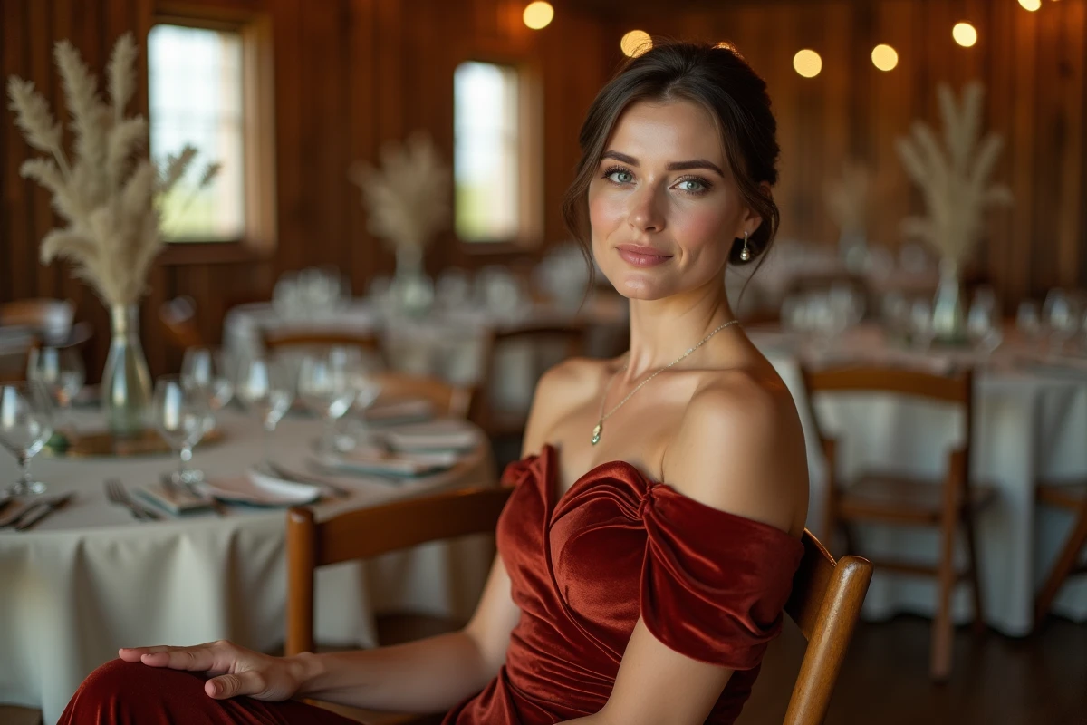 Demoiselle d'honneur assise en robe bustier terra cotta velours dans une grange décorée pour un mariage rustique