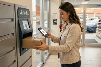 Femme déposant un colis Vinted Go dans un casier automatique à l'entrée d'un supermarché