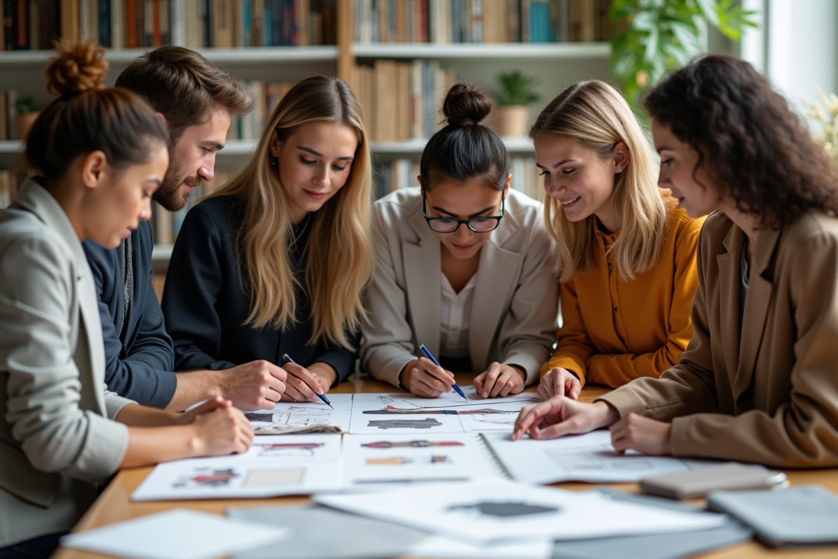 Groupe de jeunes professionnels de la mode discutant autour d une table