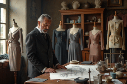 Designer de mode masculin dans un atelier élégant avec croquis et tissus