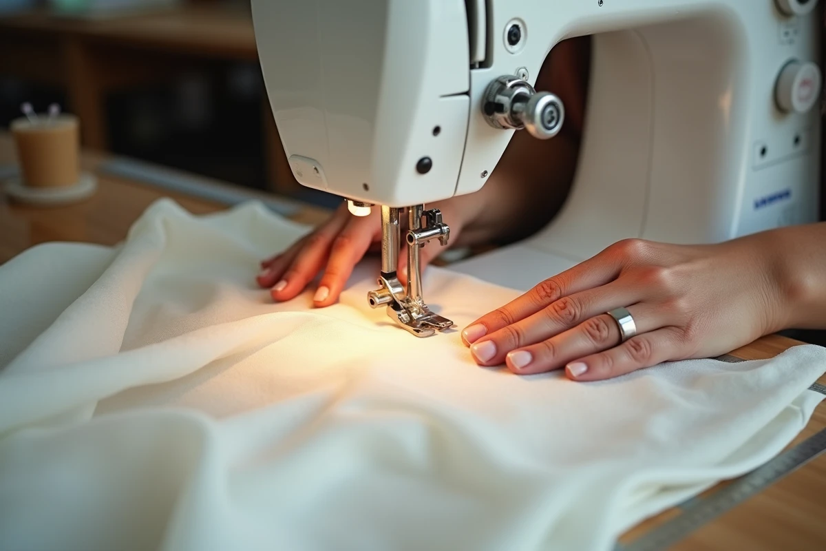 Gros plan sur des mains de couturière travaillant à la machine sur une robe de mariée en soie dans un atelier de retouche à Nice