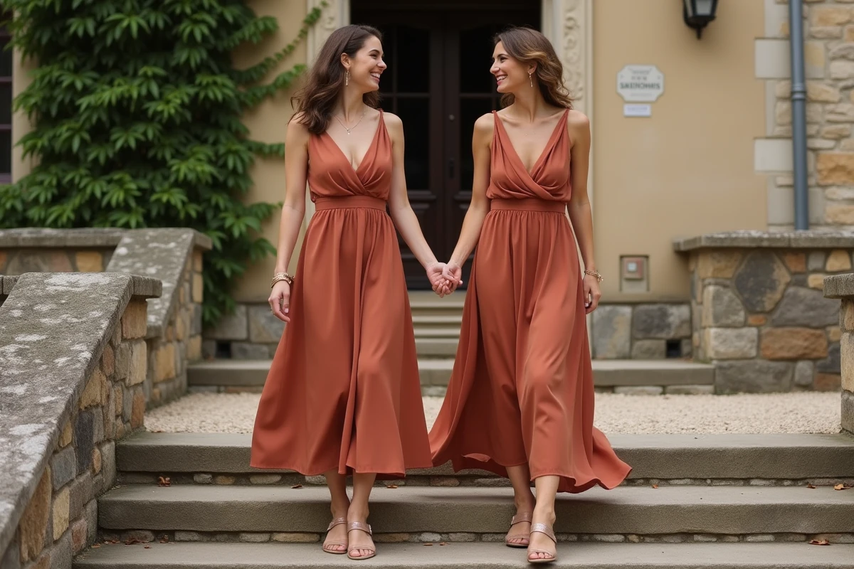 Deux demoiselles d'honneur en robe terra cotta satiné devant un château en pierre pour un mariage champêtre