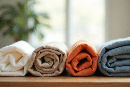 Quatre tissus coton soie laine et lin pliés sur une table en bois