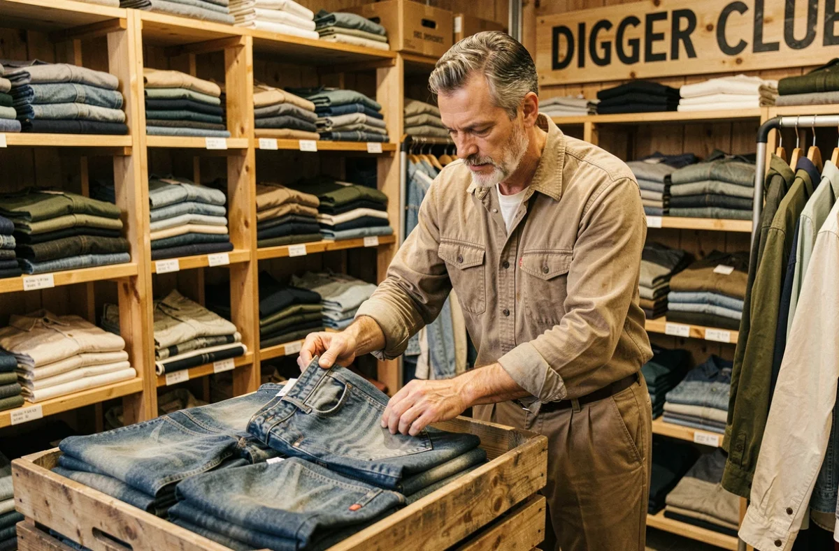Homme passionné fouillant des caisses de denim vintage dans le Digger Club à Marseille, étagères en bois brut et vêtements soigneusement triés par époque