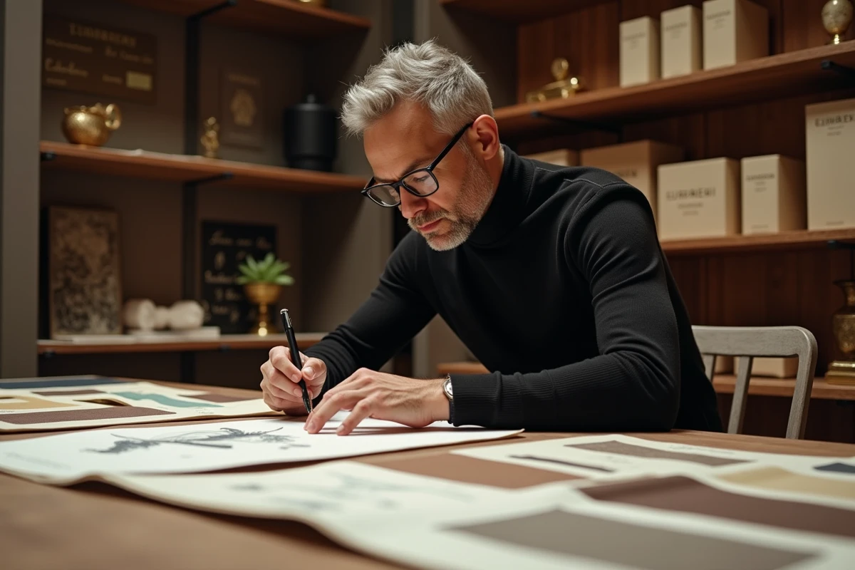 Directeur créatif travaillant sur des moodboards dans un atelier parisien, illustrant le processus de construction de l'identité propre d'une maison de luxe
