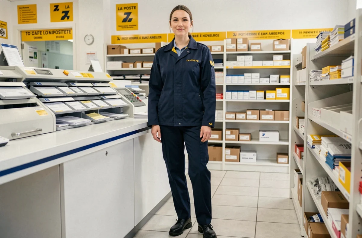 Employée La Poste en tenue de travail officielle debout dans un bureau de poste français