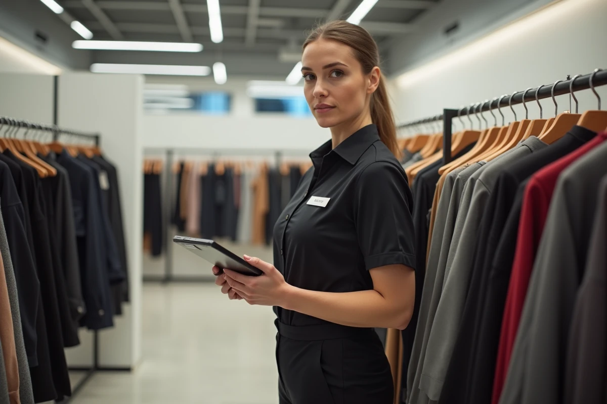 Employée Zara en uniforme sombre réorganisant les rayons d'un magasin avec une tablette, illustrant une restructuration interne de l'enseigne