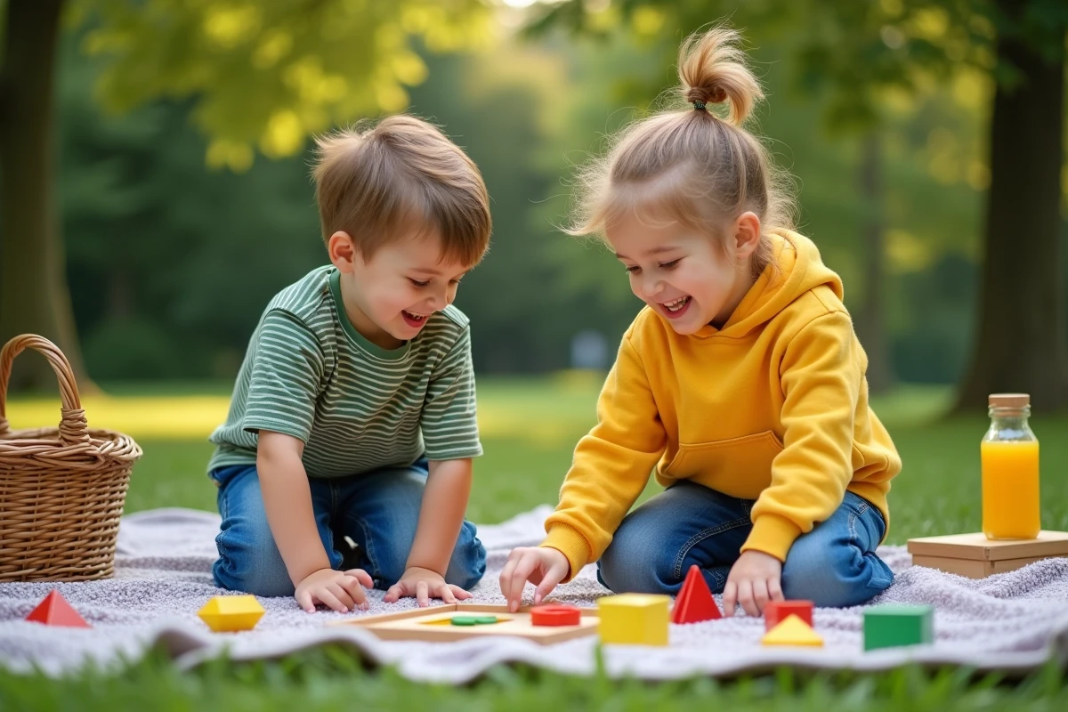 Deux enfants jouant avec des pièces de puzzle géométriques dont un trapèze sur une couverture de pique-nique dans un parc