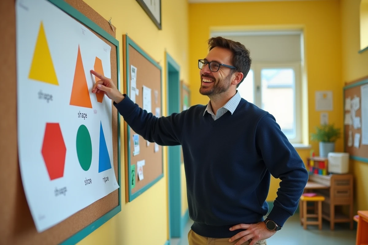 Enseignant pointant un poster de formes géométriques dont un trapèze dans un couloir d'école primaire