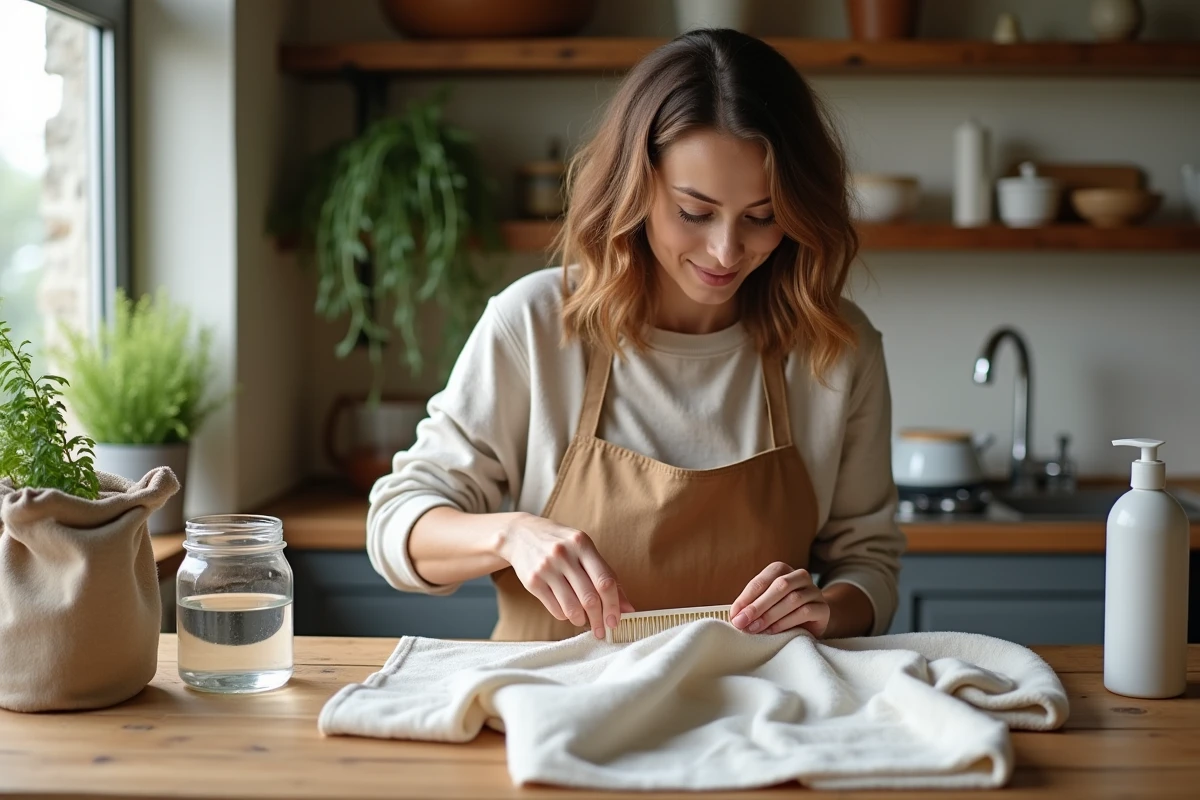 Femme entretenant un pull en cachemire camel en retirant les bouloches avec un peigne à tissu naturel sur une table en bois