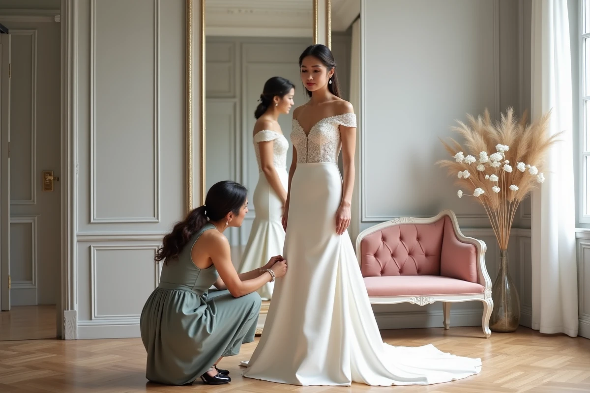 Essayage et retouche de robe de mariée dans une boutique de couture élégante à Nice avec ajustement d'ourlet