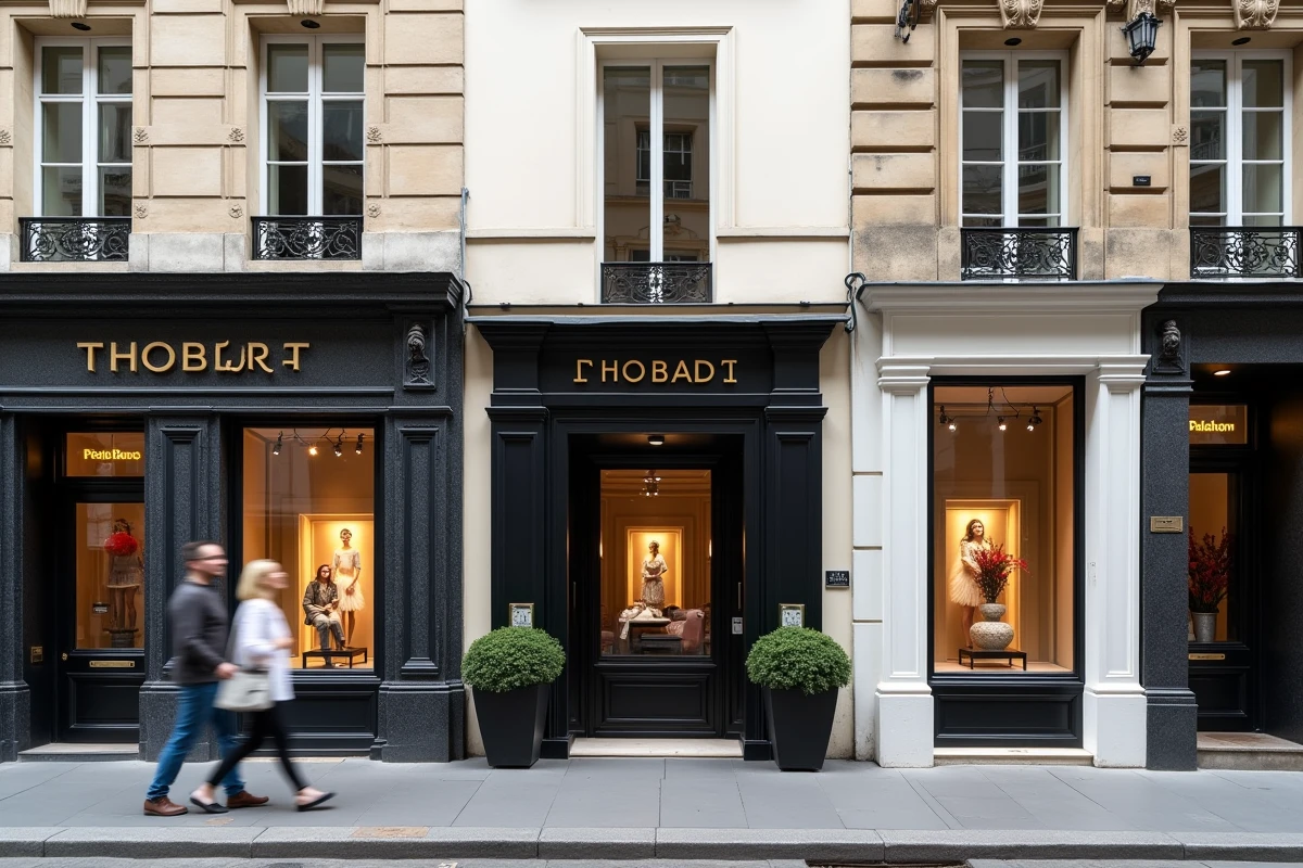 Façades de boutiques de luxe distinctes sur un boulevard parisien illustrant la diversité des identités de marques au sein d'un grand groupe comme LVMH