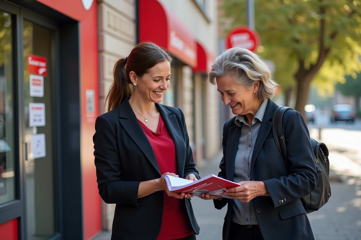Factrice montrant un catalogue à une collègue devant un véhicule postal