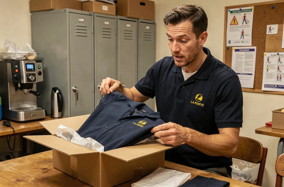 Agent de livraison La Poste déballant sa nouvelle tenue professionnelle reçue par commande