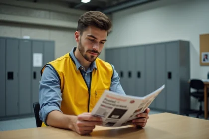 Jeune facteur en uniforme lisant un catalogue dans la salle de pause