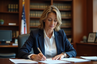 Femme d'administration lisant des documents officiels